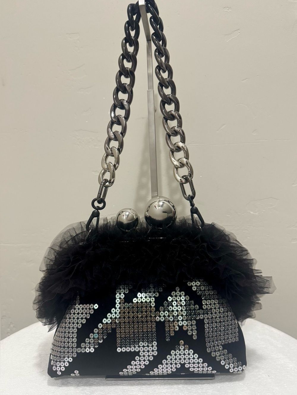 Sequin Embroidered Leather Handmade Custom “Super Ball” Kisslock Clutch Bag